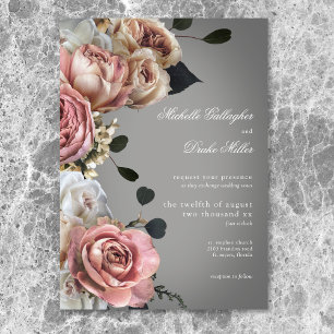 Elegant Pink White Floral Roses Gray Wedding Invitation
