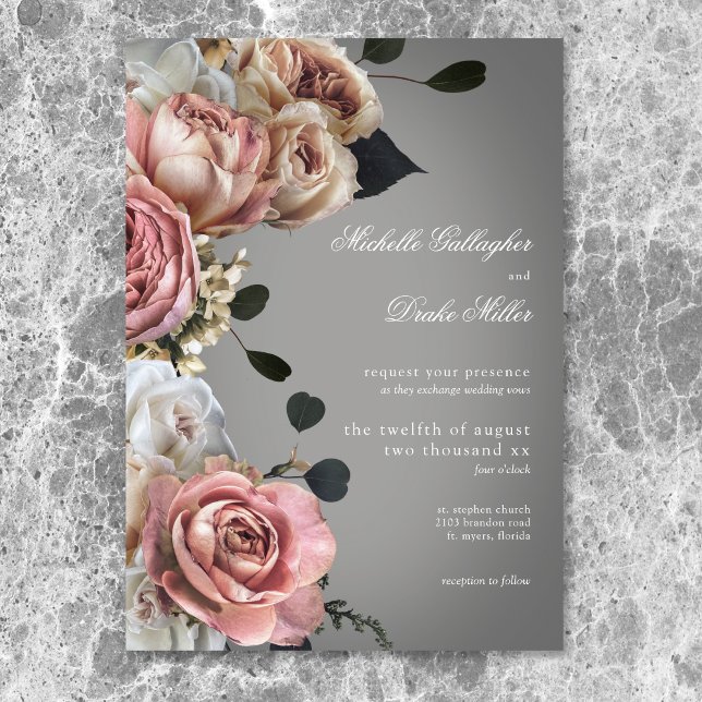 Elegant Pink White Floral Roses Gray Wedding Invitation (Elegant Pink White Floral Roses Gray Wedding Invitation)