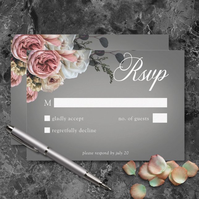 Elegant Pink White Floral Roses Gray Wedding RSVP Card (Elegant Pink White Floral Roses Gray Wedding RSVP Card)