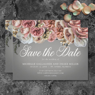 Elegant Pink White Floral Roses Gray Wedding Save The Date