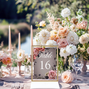 Elegant Pink White Floral Roses Gray Wedding Table Number