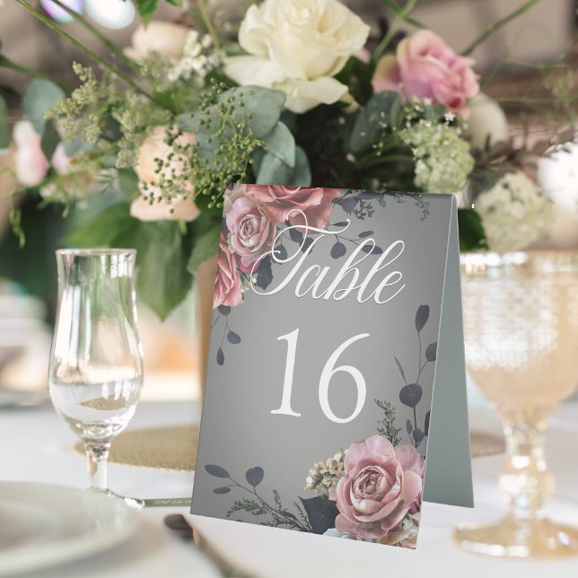 Elegant Pink White Floral Roses Gray Wedding Table Tent (Creator Uploaded)