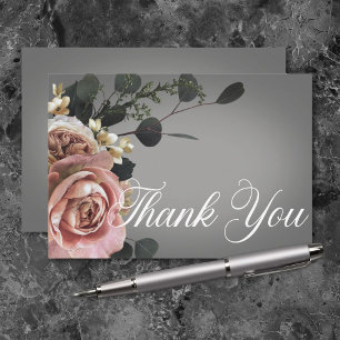 Elegant Pink White Floral Roses Gray Wedding Thank You Card