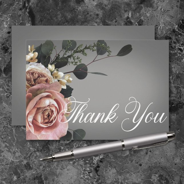 Elegant Pink White Floral Roses Gray Wedding Thank You Card (Elegant Pink White Floral Roses Gray Wedding Thank You Card)