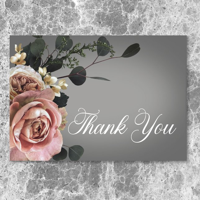 Elegant Pink White Floral Roses Gray Wedding Thank You Card (Elegant Pink White Floral Roses Gray Wedding Thank You Card)