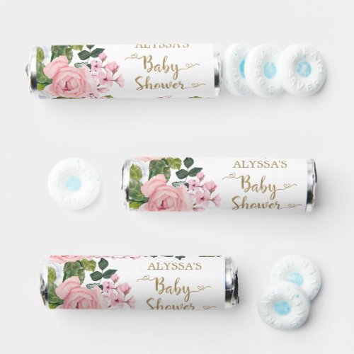 Elegant Pink White Floral Roses Script Baby Shower Breath Savers Mints