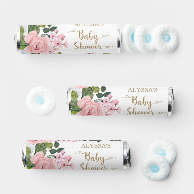 Elegant Pink White Floral Roses Script Baby Shower Breath Savers® Mints (Assorted)