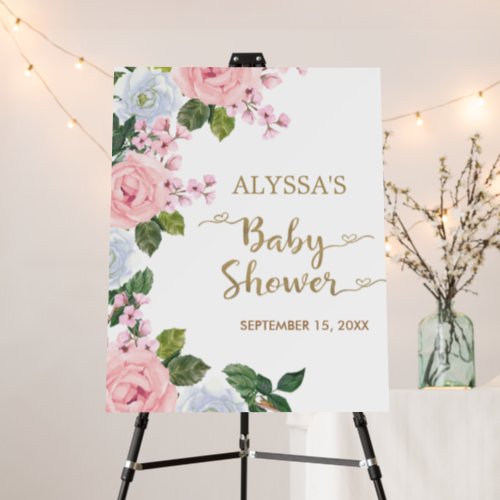 Elegant Pink White Floral Roses Script Baby Shower Foam Board