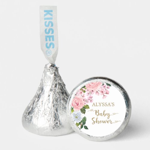 Elegant Pink White Floral Roses Script Baby Shower Hersheys Kisses