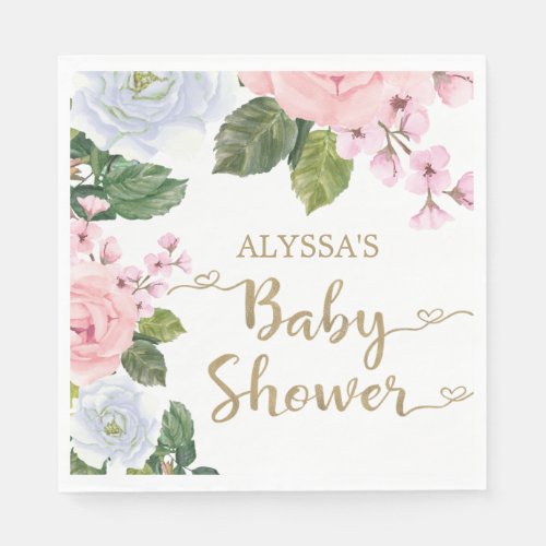 Elegant Pink White Floral Roses Script Baby Shower Napkins