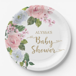 Elegant Pink White Floral Roses Script Baby Shower Paper Plates
