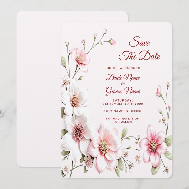 Elegant Pink White Floral Save The Date (Front/Back)