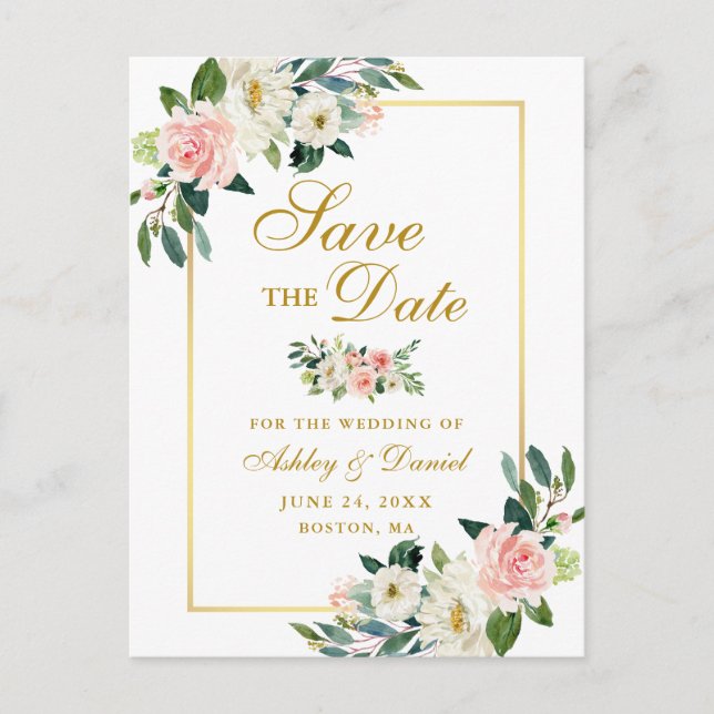 Elegant Pink White Floral Save the Date Gold Announcement Postcard (Front)