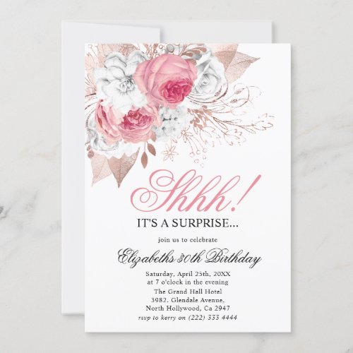Elegant Pink  White Floral Shhh Surprise Birthday Invitation