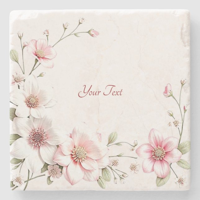 Elegant Pink White Floral Stone Coaster (Front)