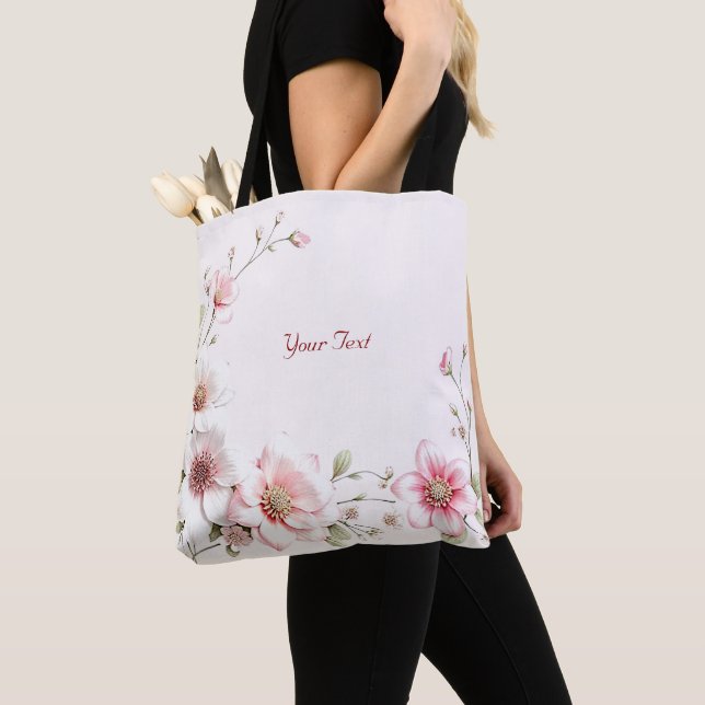 Elegant Pink White Floral Tote Bag (Close Up)
