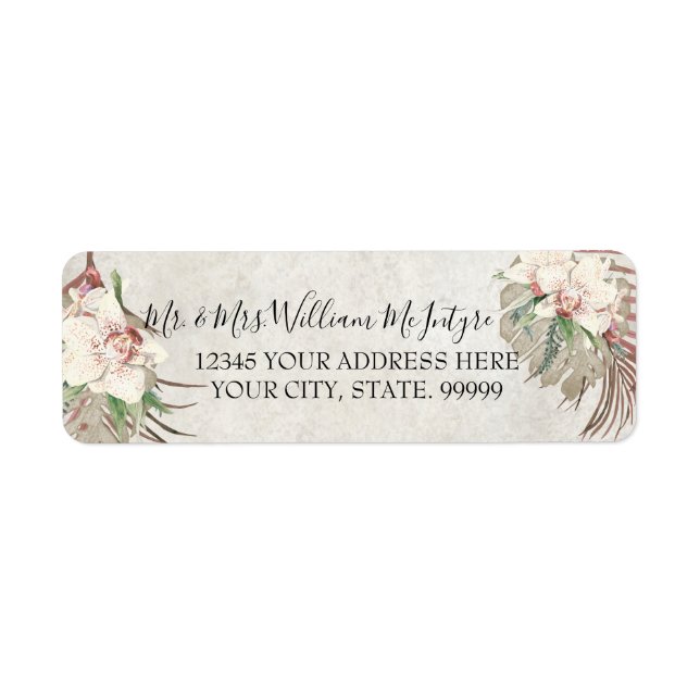 Elegant Pink White Floral Tropical Foliage Wedding Label (Front)
