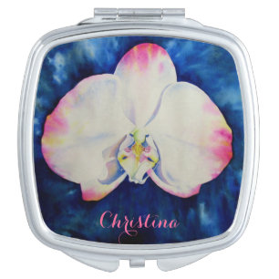 Elegant pink white floral watercolor orchid makeup mirror