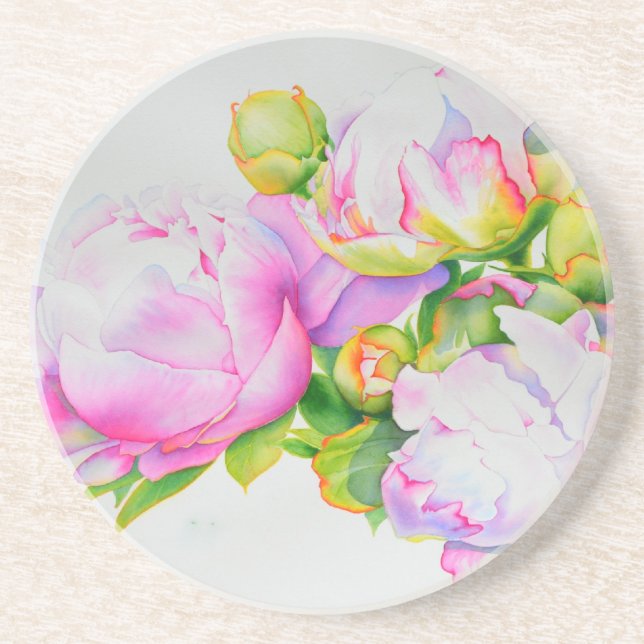Elegant pink white floral watercolor painting drink coaster (Front)