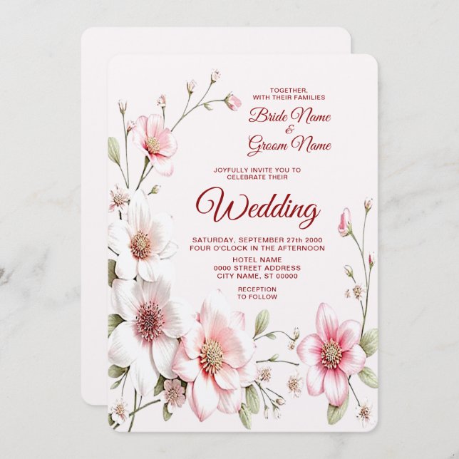 Elegant Pink White Floral Wedding Invitation (Front/Back)