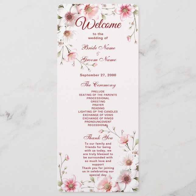 Elegant Pink White Floral Wedding Program (Front)
