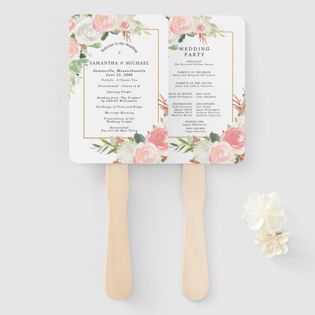 Elegant Pink White Floral Wedding Program  Hand Fan (Front and Back)