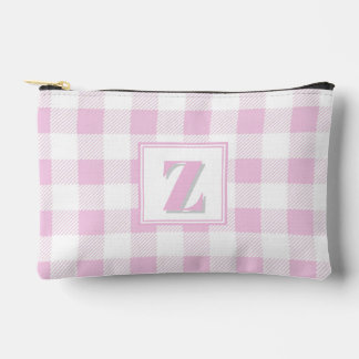 Elegant pink white gingham customizable monogram accessory pouch