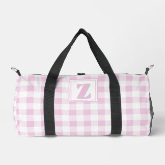 Elegant pink white gingham customizable monogram duffle bag