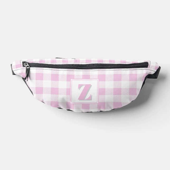 Elegant pink white gingham customizable monogram  fanny pack (Lay Down)