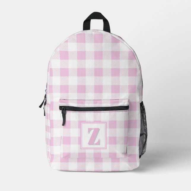 Elegant pink white gingham customizable monogram  printed backpack (Front)