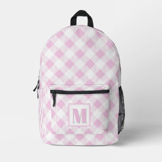 Elegant pink white gingham customizable monogram printed backpack