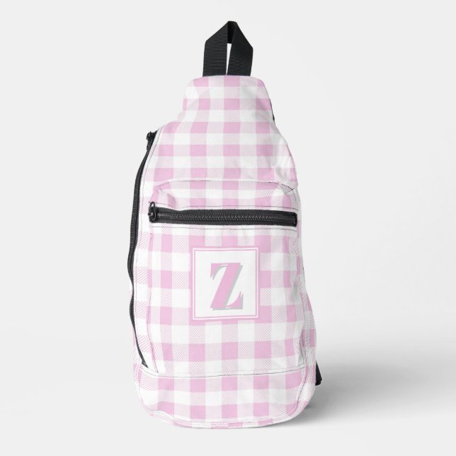 Elegant pink white gingham customizable monogram  sling bag (Front)