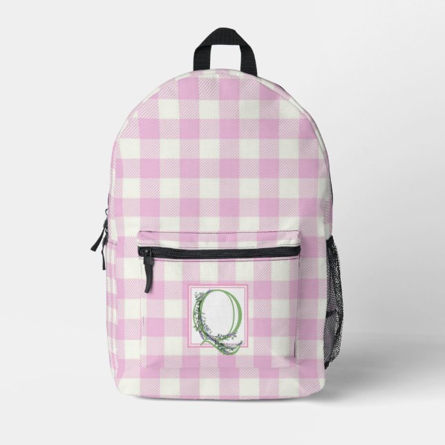 Elegant pink white gingham monogram letter Q Printed Backpack (Front)