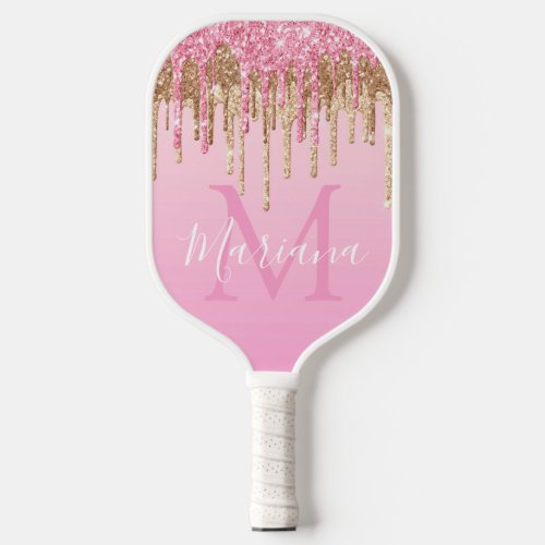 elegant pink white gold dripping glitters luxury  pickleball paddle