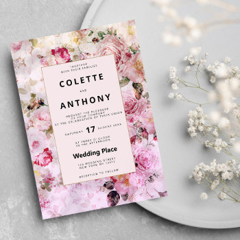 Elegant Pink White Gold Floral Vintage Wedding Invitation by kicksdesign at Zazzle
