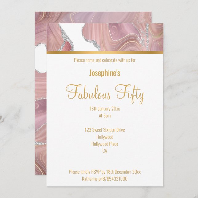 ELEGANT PINK WHITE GOLD MARBLE CUSTOM INVITATION (Front/Back)