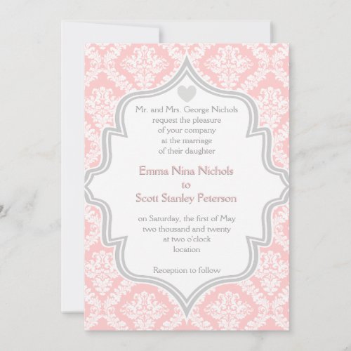 Elegant pink, white, grey damask wedding cards