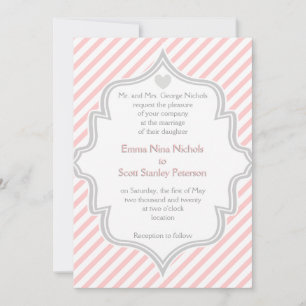 Elegant pink, white, grey stripes wedding invitation