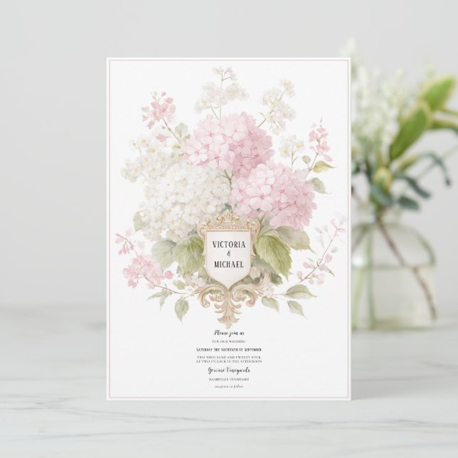 Elegant Pink & White Hydrangeas Gold Wedding Invitation (Standing Front)