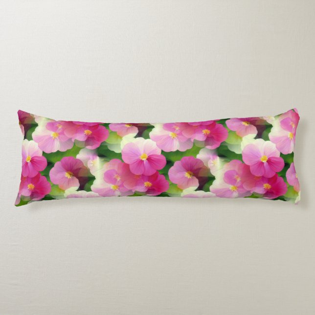 Elegant Pink & White Impatiens Flower Pattern Body Pillow (Front)