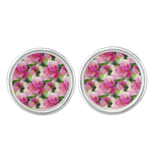 Elegant Pink  White Impatiens Flower Pattern Cufflinks