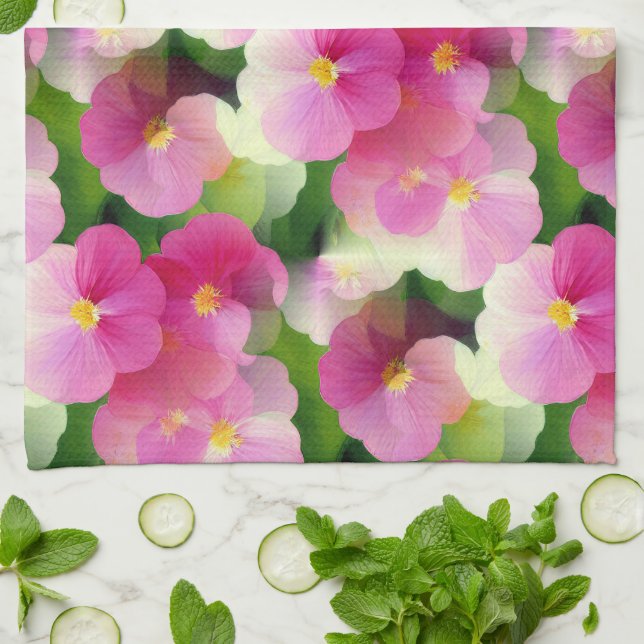 Elegant Pink & White Impatiens Flower Pattern Kitchen Towel (Folded)