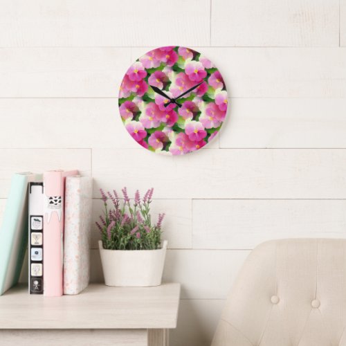 Elegant Pink  White Impatiens Flower Pattern Large Clock