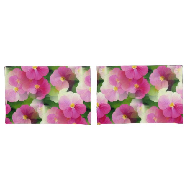 Elegant Pink & White Impatiens Flower Pattern Pillow Case (Front-Set)