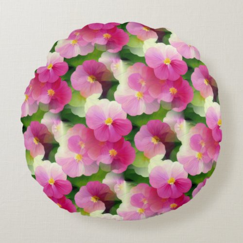 Elegant Pink  White Impatiens Flower Pattern Round Pillow