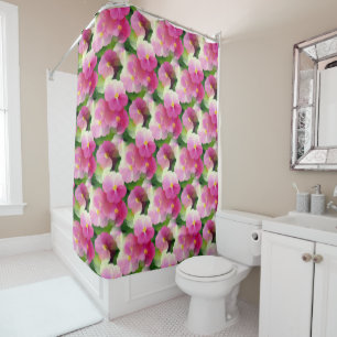 Elegant Pink & White Impatiens Flower Pattern Shower Curtain