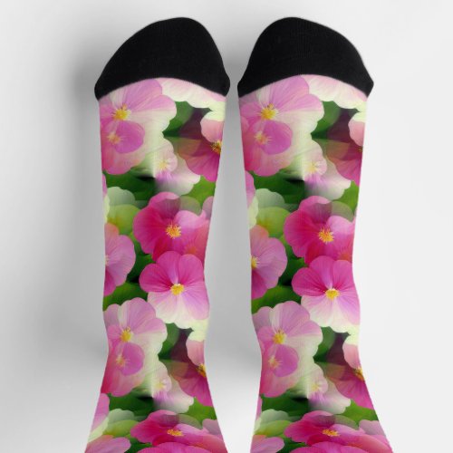 Elegant Pink  White Impatiens Flower Pattern Socks