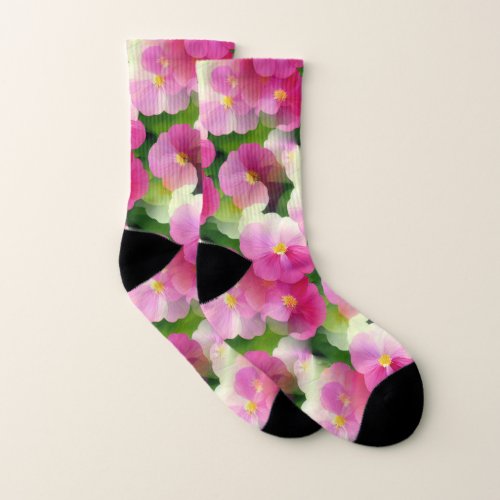 Elegant Pink  White Impatiens Flower Pattern Socks