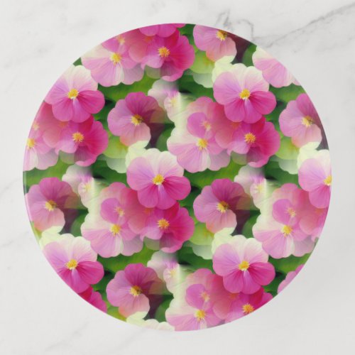 Elegant Pink  White Impatiens Flower Pattern Trinket Tray