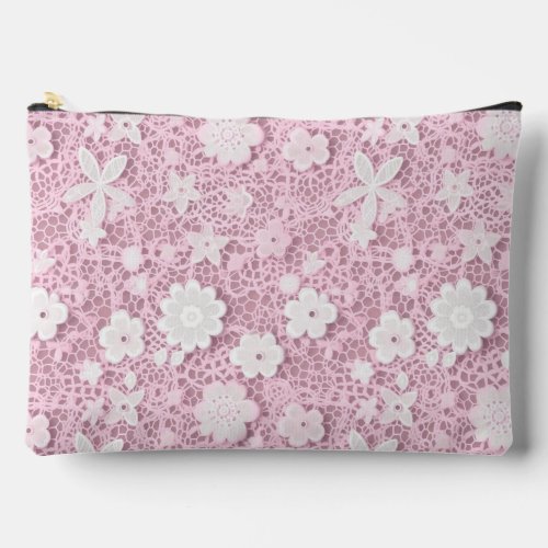 Elegant pink white lace pattern accessory pouch